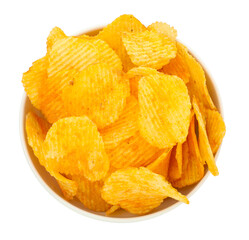 Tasty ridged chips in bowl isolated on white, top view