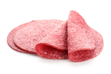 Slices of tasty smoked sausage isolated on white