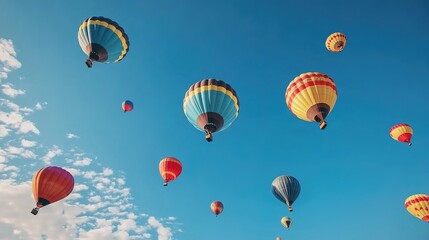 Obraz premium Colorful hot - air balloons floating in the sky over a landscape with people and vehicles