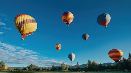 Fototapeta premium Colorful hot - air balloons floating in the sky over a landscape with people and vehicles