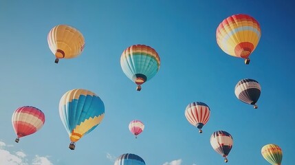 Fototapeta premium Colorful hot - air balloons floating in the sky over a landscape with people and vehicles
