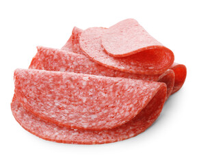 Slices of tasty smoked sausage isolated on white