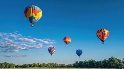 Obraz premium Colorful hot - air balloons floating in the sky over a landscape with people and vehicles