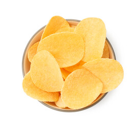 Tasty chips in bowl isolated on white, top view