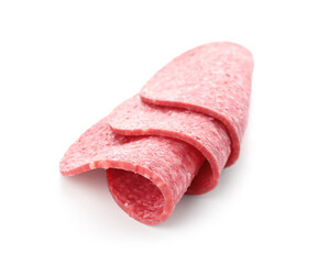 Slices of tasty smoked sausage isolated on white