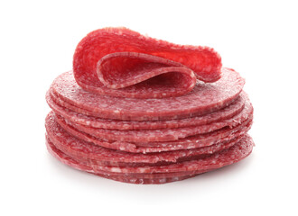 Slices of tasty smoked sausage isolated on white