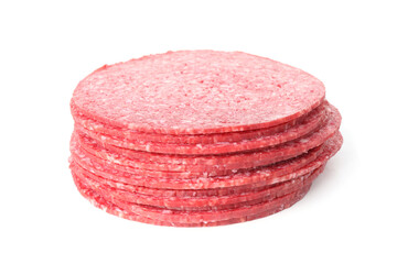 Slices of tasty smoked sausage isolated on white