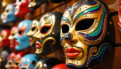 Intricate Lucha Libre mask display in artisan shop, cultural symbol