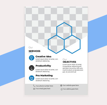 flyer design- template simple and modern. Shapes color blue and backgriund  cover paper.