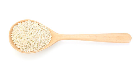 Sesame seeds in wooden spoon isolated on white, top view