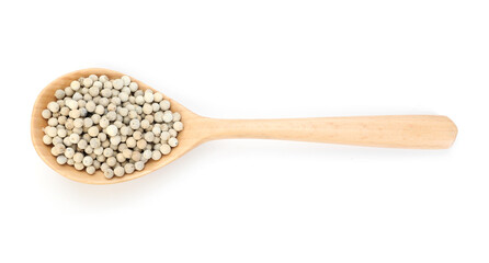 Aromatic pepper in wooden spoon isolated on white, top view