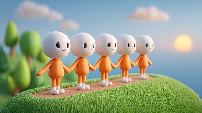 Fitness bootcamp outdoors with group training in nature, A cheerful scene of cartoon figures holding hands on a green hill. Group fitness boot camp in outdoor park