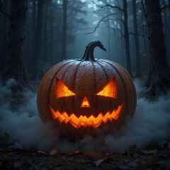 Naklejka premium Spooky Jack-o'-lantern in a mystical forest.A vibrant jack-o'-lantern, carved with a menacing face, stands amidst a misty, dark forest.