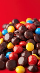 Colorful candy mix displayed on a vibrant red background with a variety of round and coated treats arranged attractively