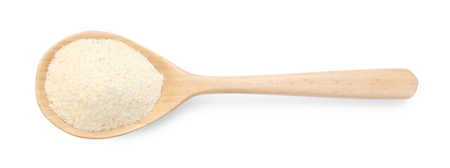 Aromatic garlic powder in wooden spoon isolated on white, top view