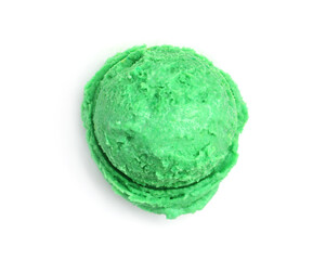 One scoop of delicious ice cream on white background, top view