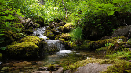 Obraz premium Small waterfall cascading over mossy rocks in a lush green forest environment