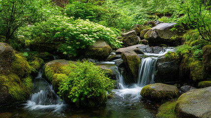 Waterfall cascading over moss covered rocks in a lush green forest setting view