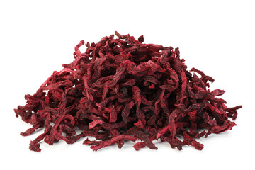 Pile of dried beetroots isolated on white