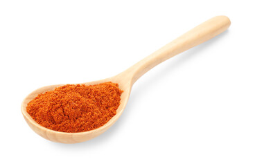 Aromatic paprika powder in wooden spoon isolated on white