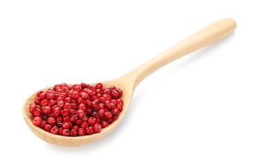 Aromatic peppercorns in wooden spoon isolated on white