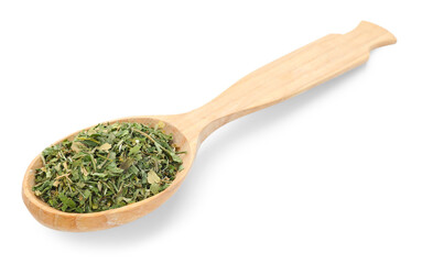 Dried parsley in wooden spoon isolated on white