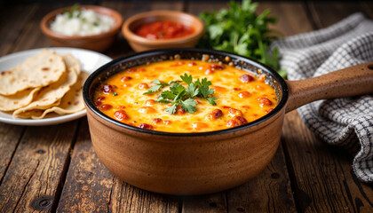 Delicious queso fundido with chorizo on rustic kitchen table, culinary delight