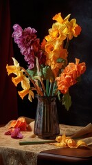 Colorful wilting daffodils in a textured vase, sitting atop an ornate table with dark backdrop and draped fabric for a still life composition.