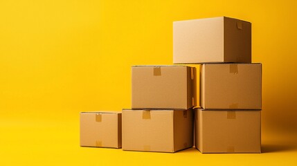Stacked cardboard boxes on yellow background