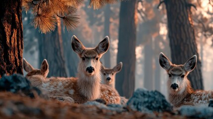 Deer in a Serene Forest Setting Wildlife Photography Nature Scene with Young Deer Resting Amo