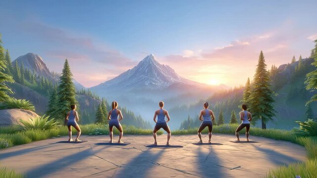 Fitness bootcamp outdoors with synchronized squats by group, mountain energy enhances fitness bootcamp outdoors scene, strength and unity move fitness bootcamp outdoors forward