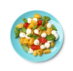 Tasty salad with yellow tomatoes, basil and mozzarella cheese isolated on white, top view
