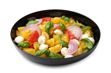 Tasty salad with yellow tomatoes, basil, onion and mozzarella cheese isolated on white