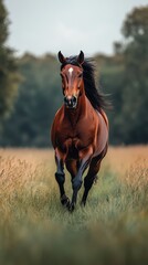 Fototapeta premium Majestic brown horse galloping through a lush green field on a sunny day