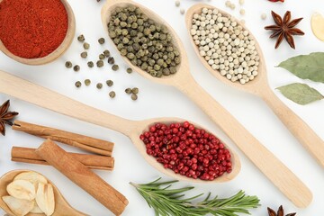Different aromatic spices isolated on white, top view