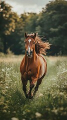 Fototapeta premium Horse galloping through a meadow with vibrant wildflowers under a cloudy sky during golden hour