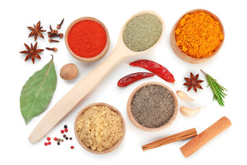 Different aromatic spices isolated on white, top view