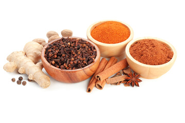 Many different aromatic spices isolated on white
