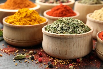 Different aromatic spices on black table, closeup