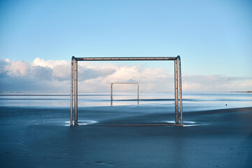 Soccer goals at the beach of st. peter-ording. High quality photo