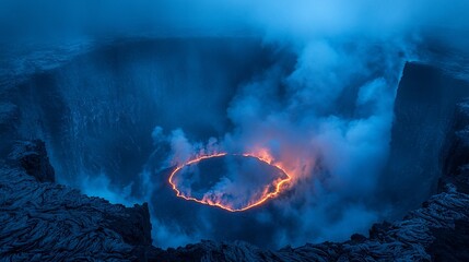 Volcanic crater ring of fire at twilight