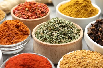 Different aromatic spices in bowls on table, closeup