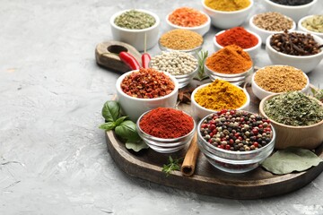 Different aromatic spices in bowls on grey table, closeup. Space for text