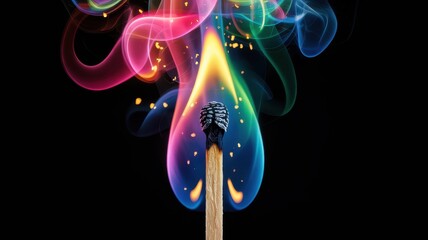 Burning matchstick igniting in colorful flame against black background