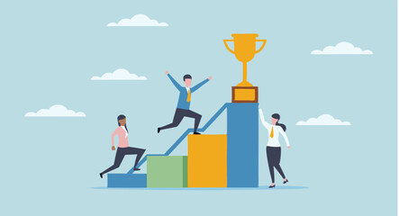 Fototapeta premium Business team climbing bar graph towards trophy in light blue sky illustration