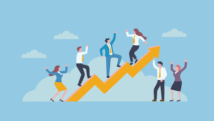 Illustration of people climbing a yellow arrow against a blue cloudy background