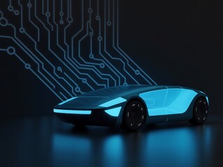 Futuristic car with circuit board design, technology concept.