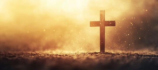 Fototapeta premium A wooden cross lies on the ground surrounded by golden light and floating dust particles