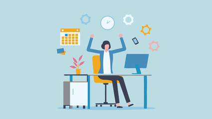 Woman at desk with computer calendar clock and other icons floating around her head