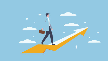 A businessman with a briefcase walks on an upward pointing arrow towards the clouds.